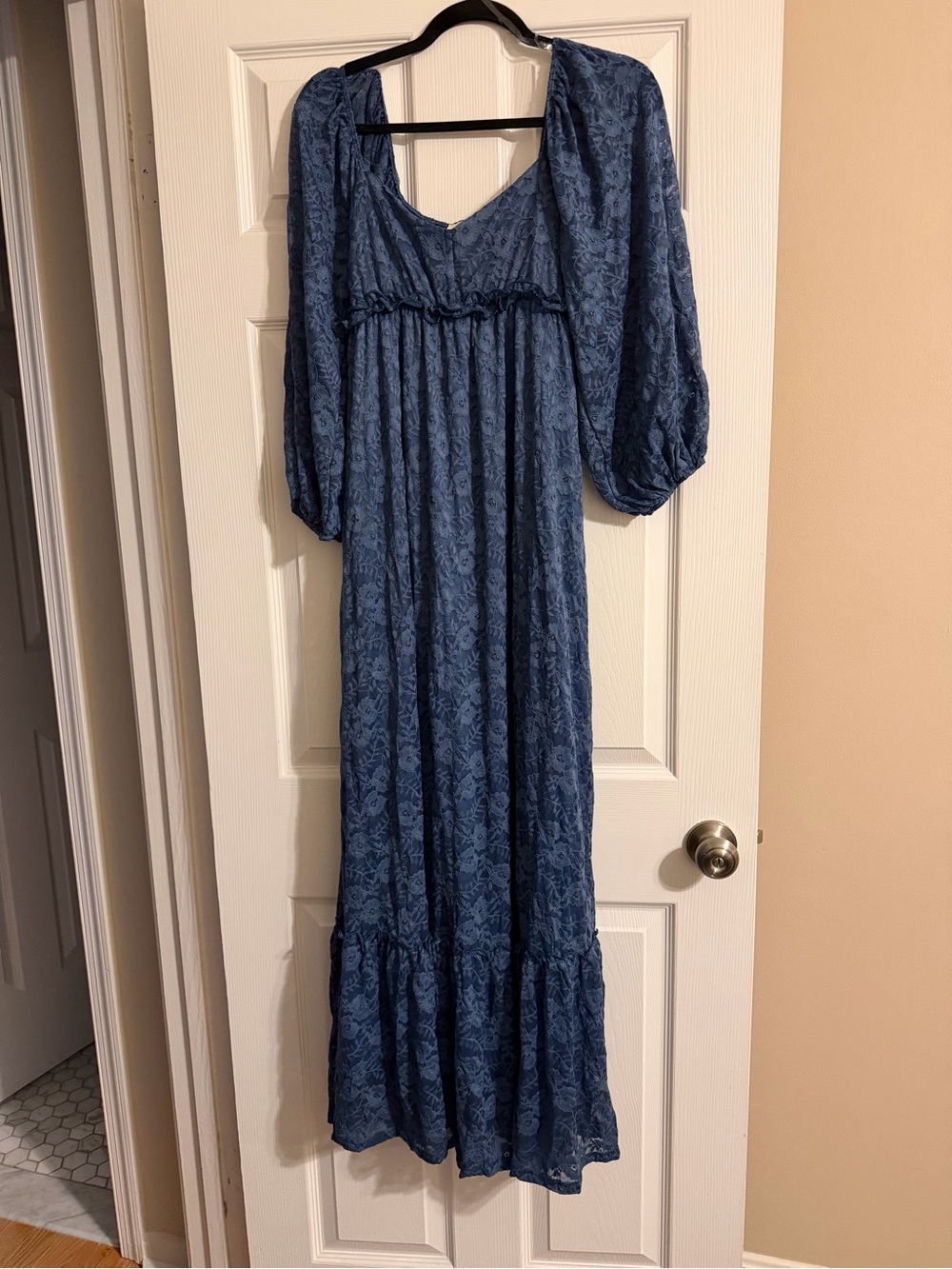 Blue Long Sleeve Lace Maxi Dress - Flowing Women's Dress